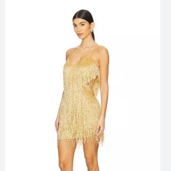 NADINE MERABI Tammy Gold beaded Mini Dress fringe $795 Revolve NWT 6 - Picture 10 of 16